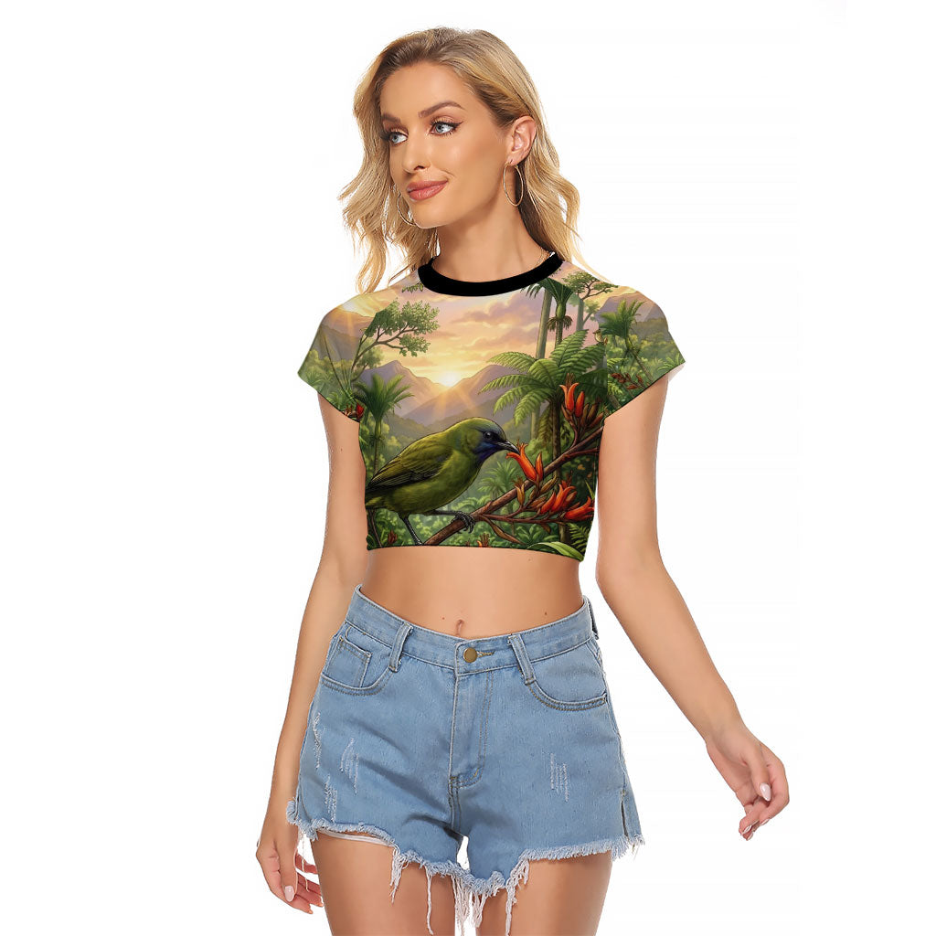 Bellbird New Zealand Personalised Raglan Cropped T Shirt Korimako Harakeke Flower Native Forest