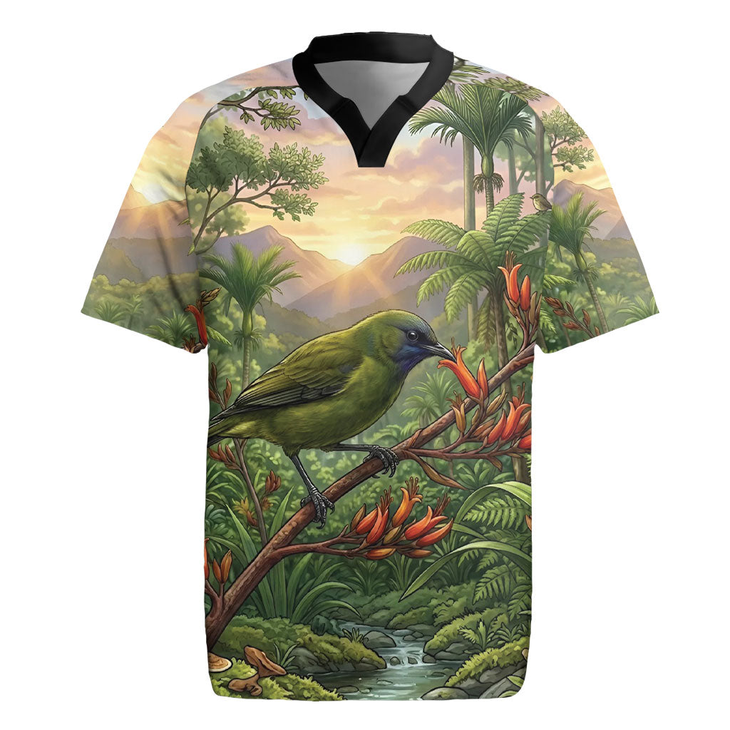 Bellbird New Zealand Personalised Rugby Jersey Korimako Harakeke Flower Native Forest LT22 Green - Polynesian Pride