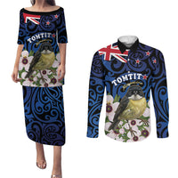 Tomtit New Zealand Personalised Couples Matching Puletasi and Long Sleeve Button Shirt Miromiro Manuka Flower Maori Pattern