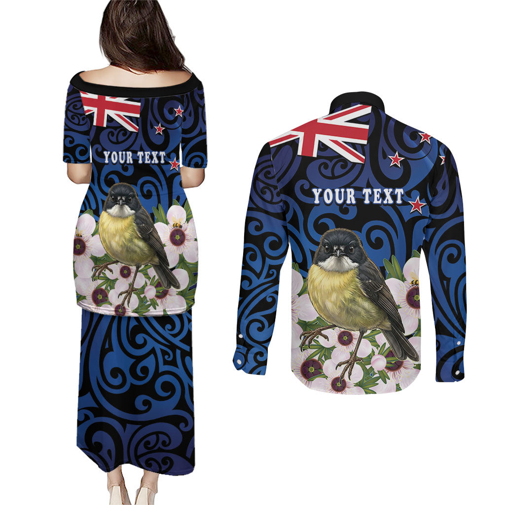 Tomtit New Zealand Personalised Couples Matching Puletasi and Long Sleeve Button Shirt Miromiro Manuka Flower Maori Pattern