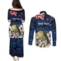 Tomtit New Zealand Personalised Couples Matching Puletasi and Long Sleeve Button Shirt Miromiro Manuka Flower Maori Pattern