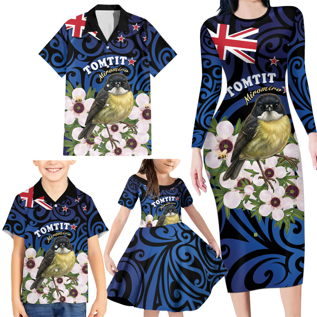 Tomtit New Zealand Personalised Family Matching Long Sleeve Bodycon Dress and Hawaiian Shirt Miromiro Manuka Flower Maori Pattern