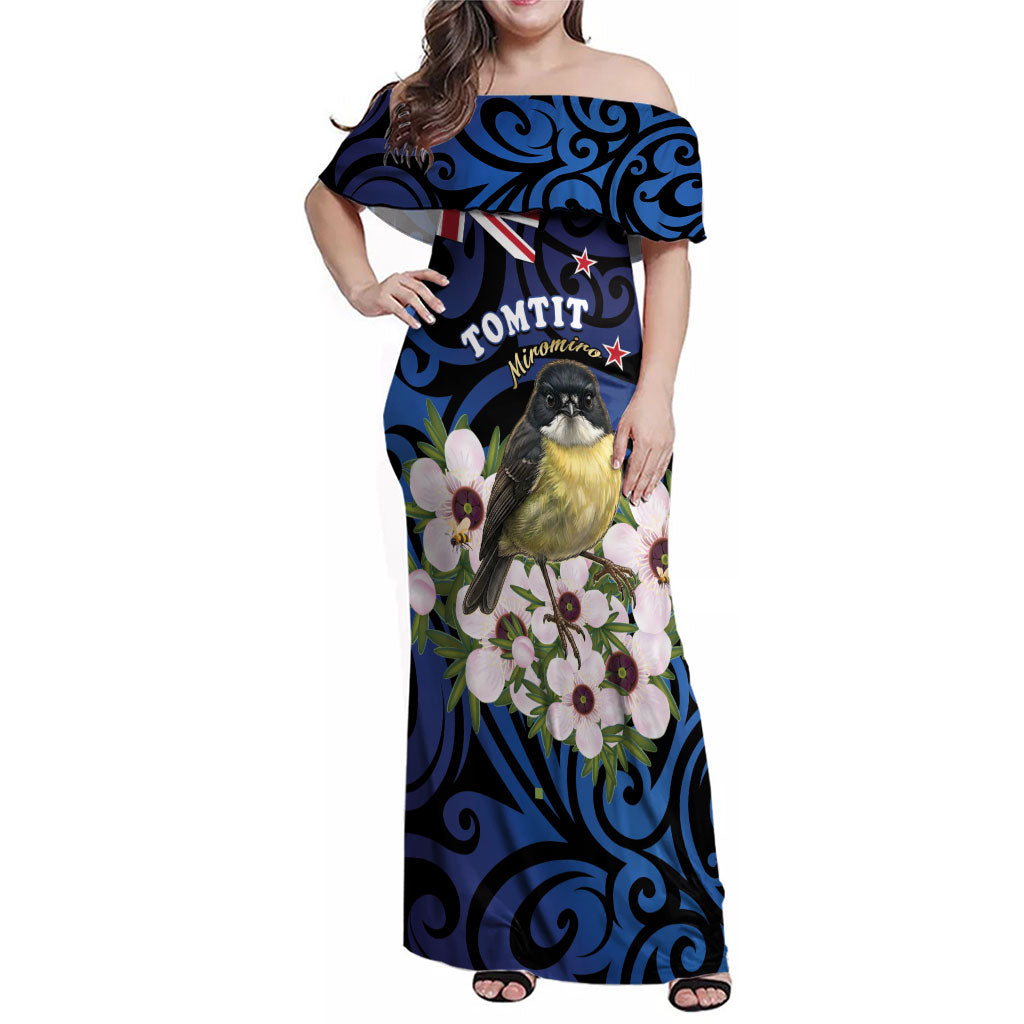 Tomtit New Zealand Personalised Family Matching Off Shoulder Maxi Dress and Hawaiian Shirt Miromiro Manuka Flower Maori Pattern
