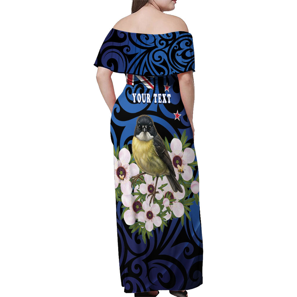 Tomtit New Zealand Personalised Family Matching Off Shoulder Maxi Dress and Hawaiian Shirt Miromiro Manuka Flower Maori Pattern