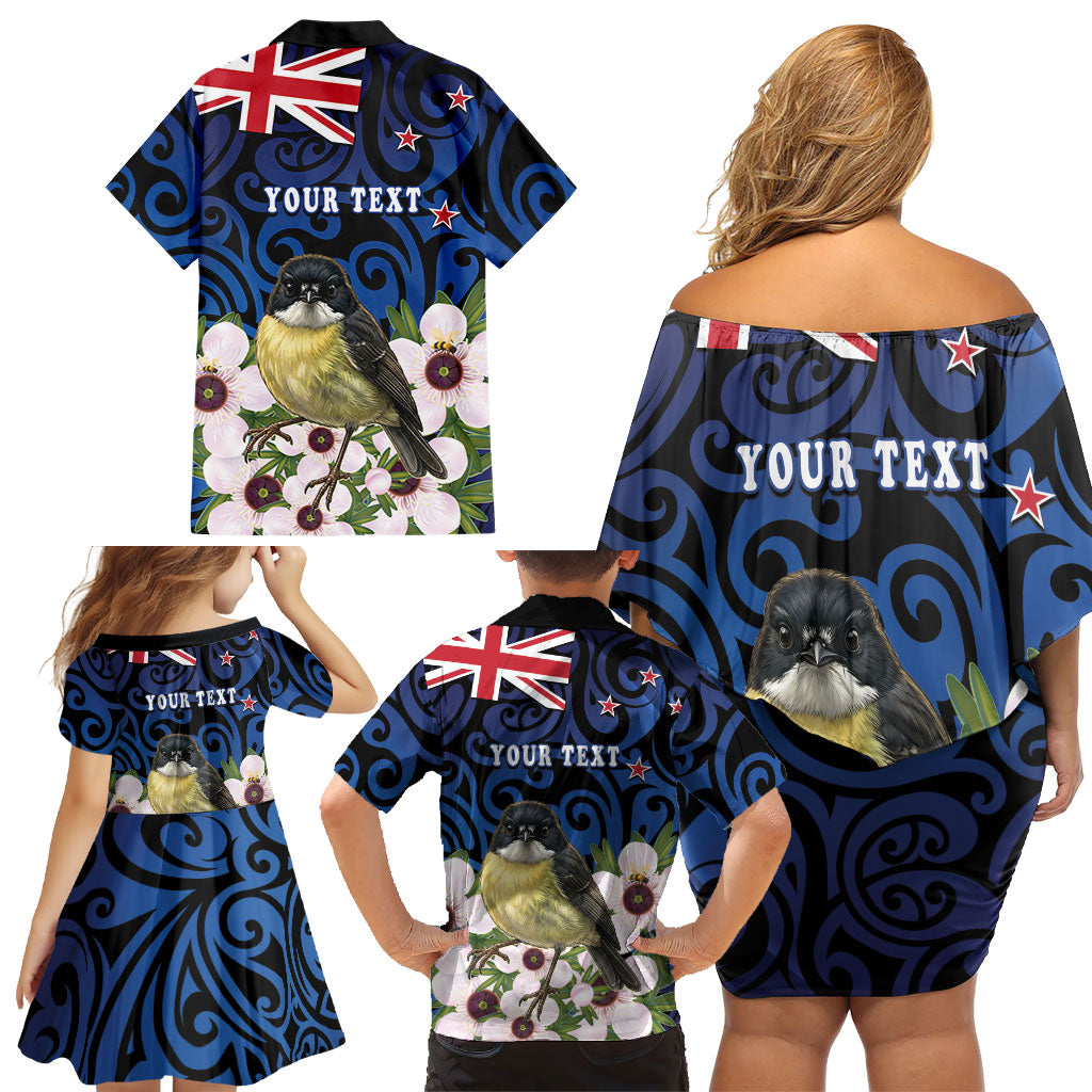 Tomtit New Zealand Personalised Family Matching Off Shoulder Short Dress and Hawaiian Shirt Miromiro Manuka Flower Maori Pattern