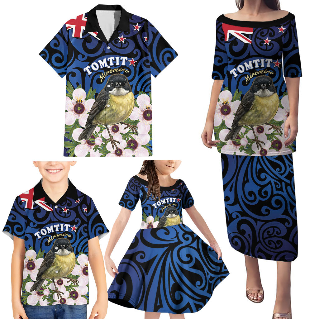 Tomtit New Zealand Personalised Family Matching Puletasi and Hawaiian Shirt Miromiro Manuka Flower Maori Pattern