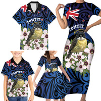 Tomtit New Zealand Personalised Family Matching Short Sleeve Bodycon Dress and Hawaiian Shirt Miromiro Manuka Flower Maori Pattern