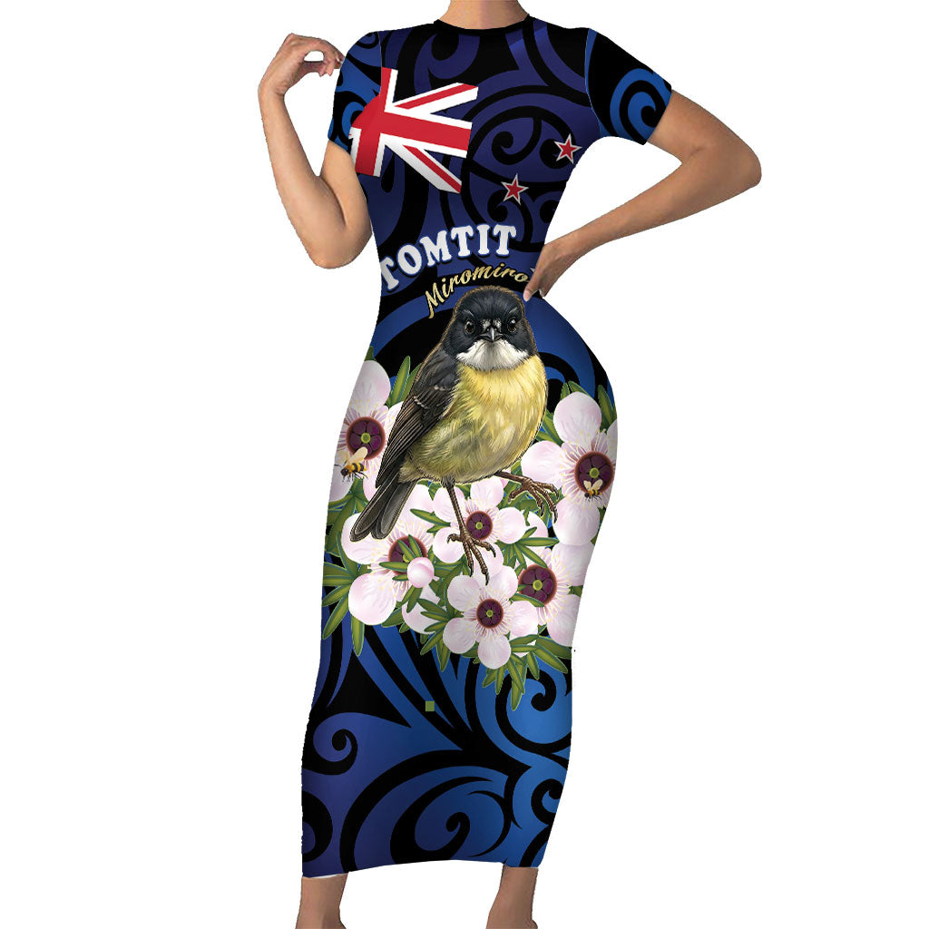 Tomtit New Zealand Personalised Family Matching Short Sleeve Bodycon Dress and Hawaiian Shirt Miromiro Manuka Flower Maori Pattern