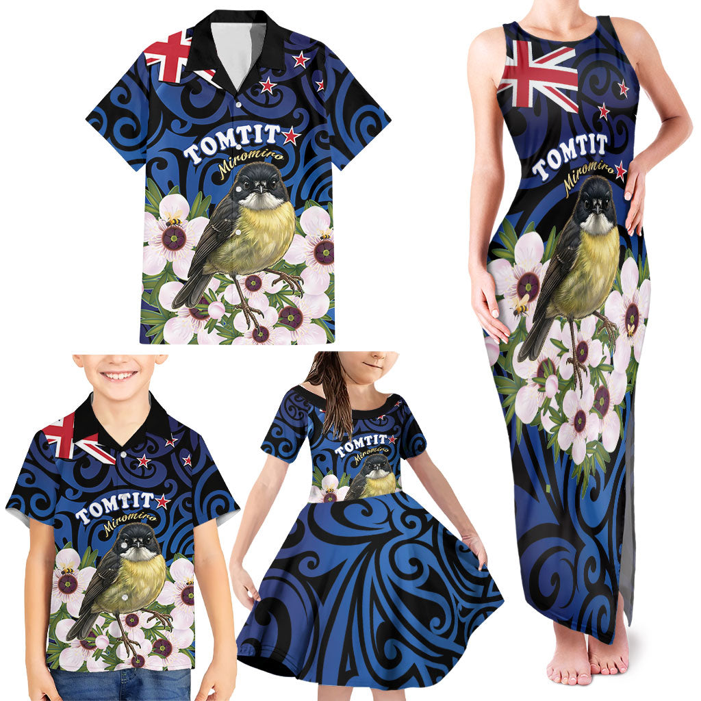 Tomtit New Zealand Personalised Family Matching Tank Maxi Dress and Hawaiian Shirt Miromiro Manuka Flower Maori Pattern