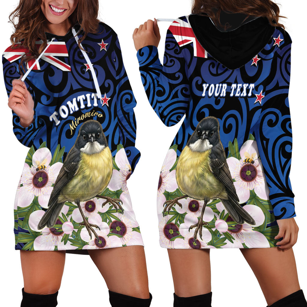 Tomtit New Zealand Personalised Hoodie Dress Miromiro Manuka Flower Maori Pattern