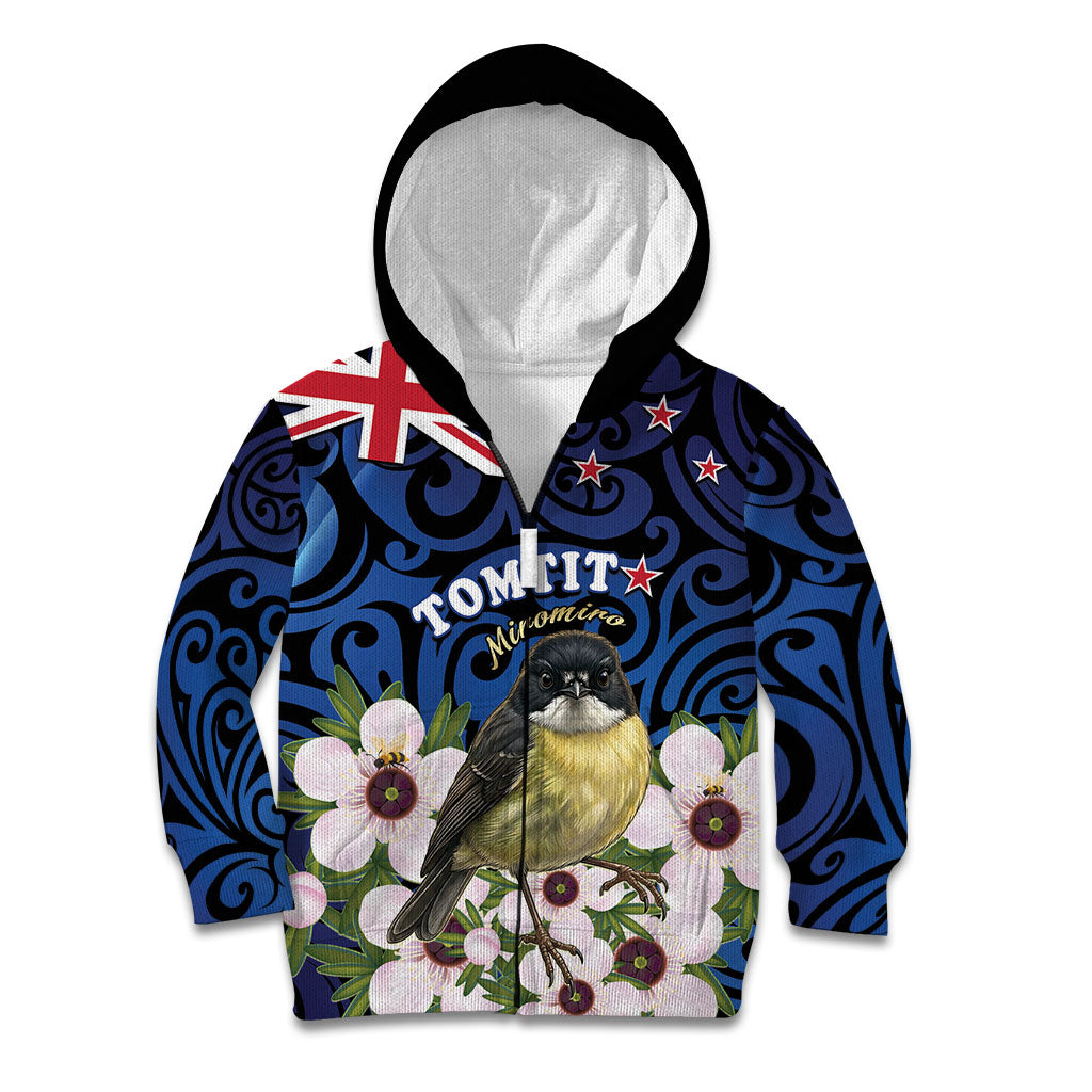 Tomtit New Zealand Personalised Kid Hoodie Miromiro Manuka Flower Maori Pattern LT22 Zip Hoodie Blue - Polynesian Pride