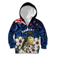 Tomtit New Zealand Personalised Kid Hoodie Miromiro Manuka Flower Maori Pattern LT22 Zip Hoodie Blue - Polynesian Pride