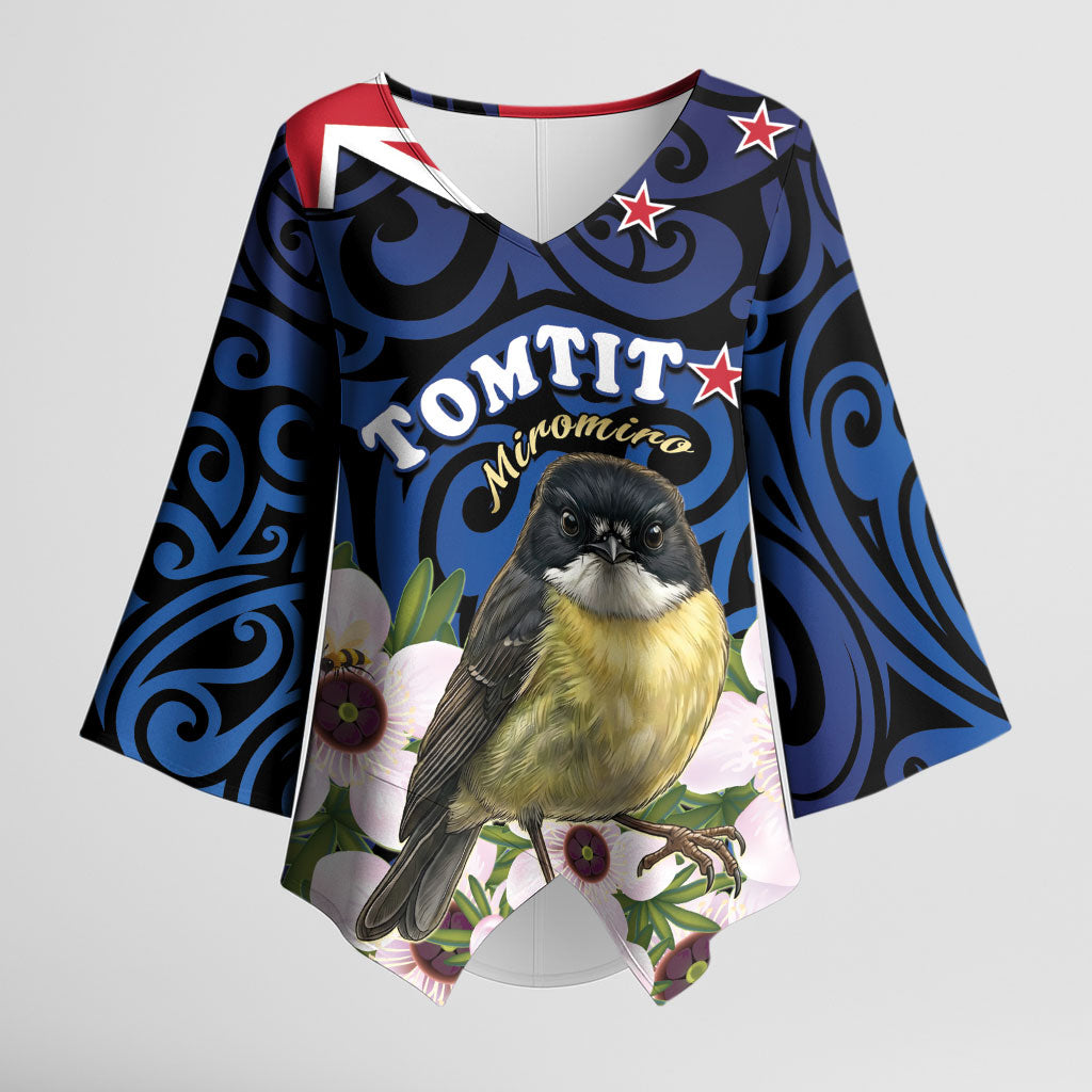 Tomtit New Zealand Personalised Kimono Sleeve Blouse Miromiro Manuka Flower Maori Pattern