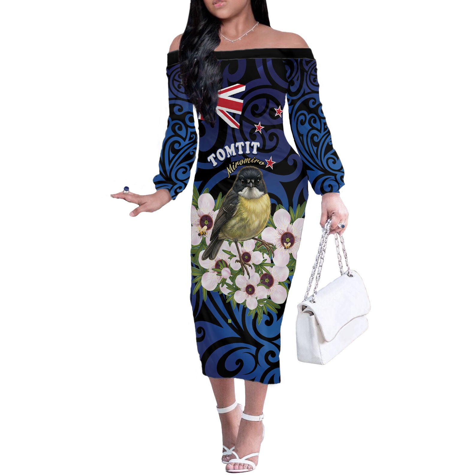Tomtit New Zealand Personalised Off The Shoulder Long Sleeve Dress Miromiro Manuka Flower Maori Pattern