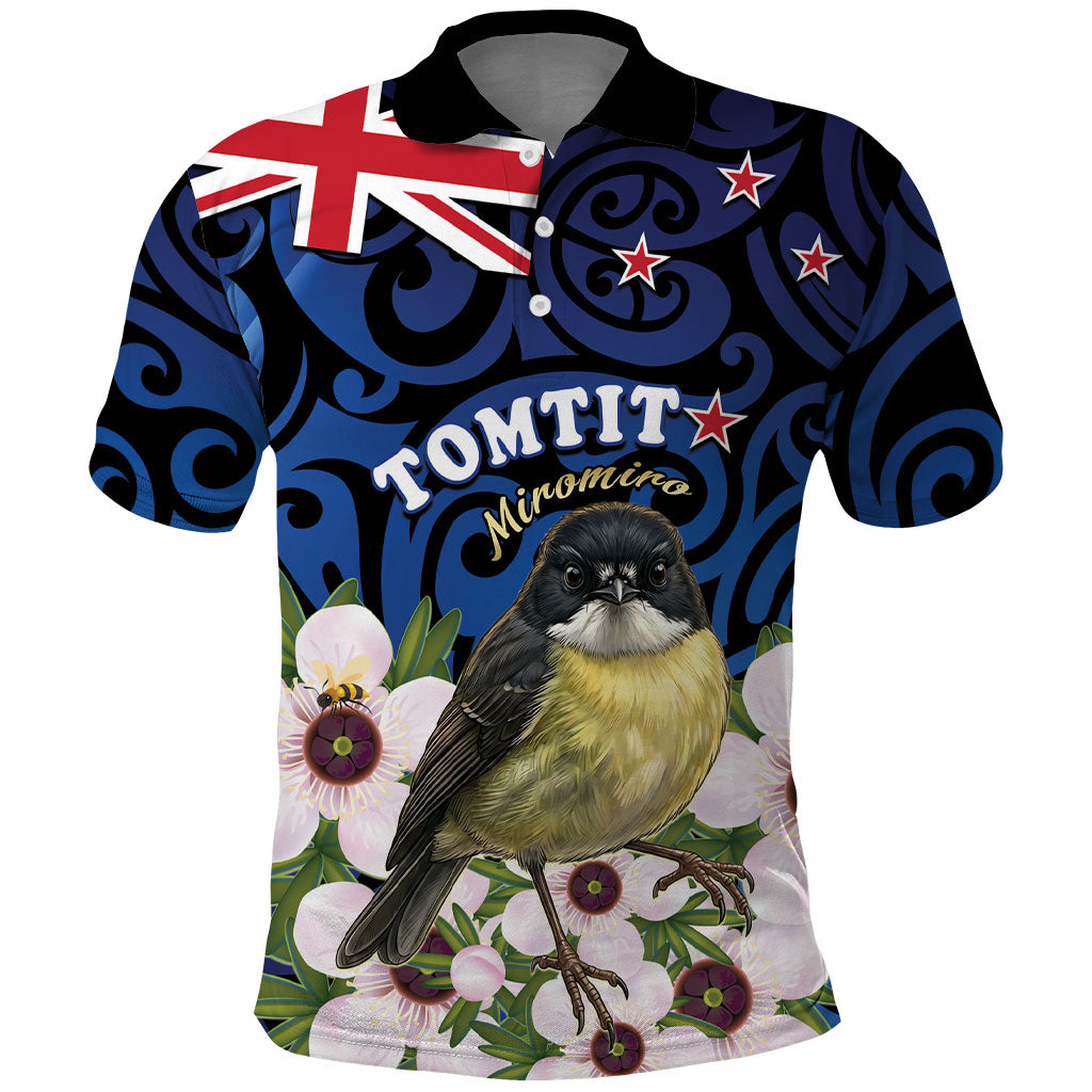 Tomtit New Zealand Personalised Polo Shirt Miromiro Manuka Flower Maori Pattern LT22 Blue - Polynesian Pride