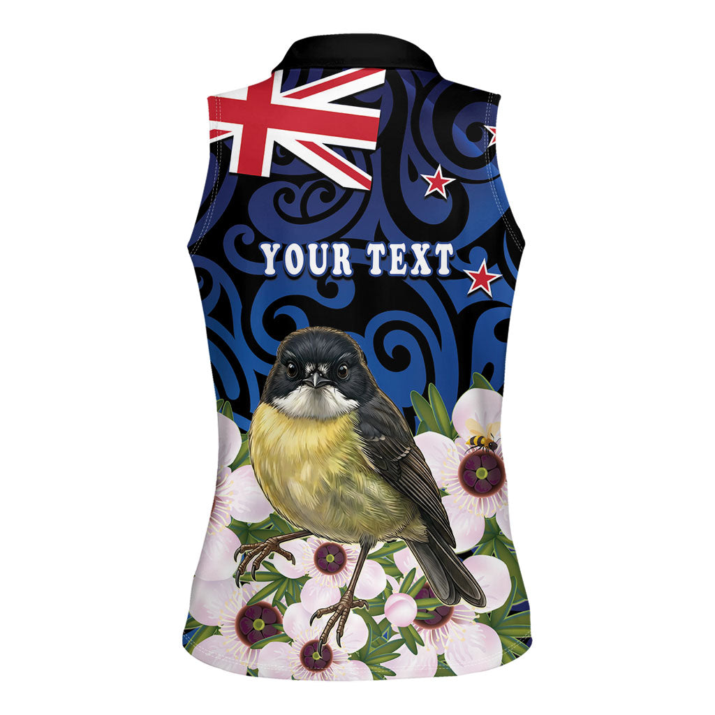 Tomtit New Zealand Personalised Women Sleeveless Polo Shirt Miromiro Manuka Flower Maori Pattern