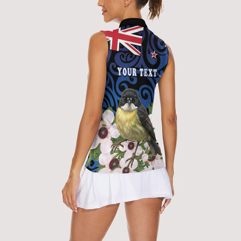 Tomtit New Zealand Personalised Women Sleeveless Polo Shirt Miromiro Manuka Flower Maori Pattern