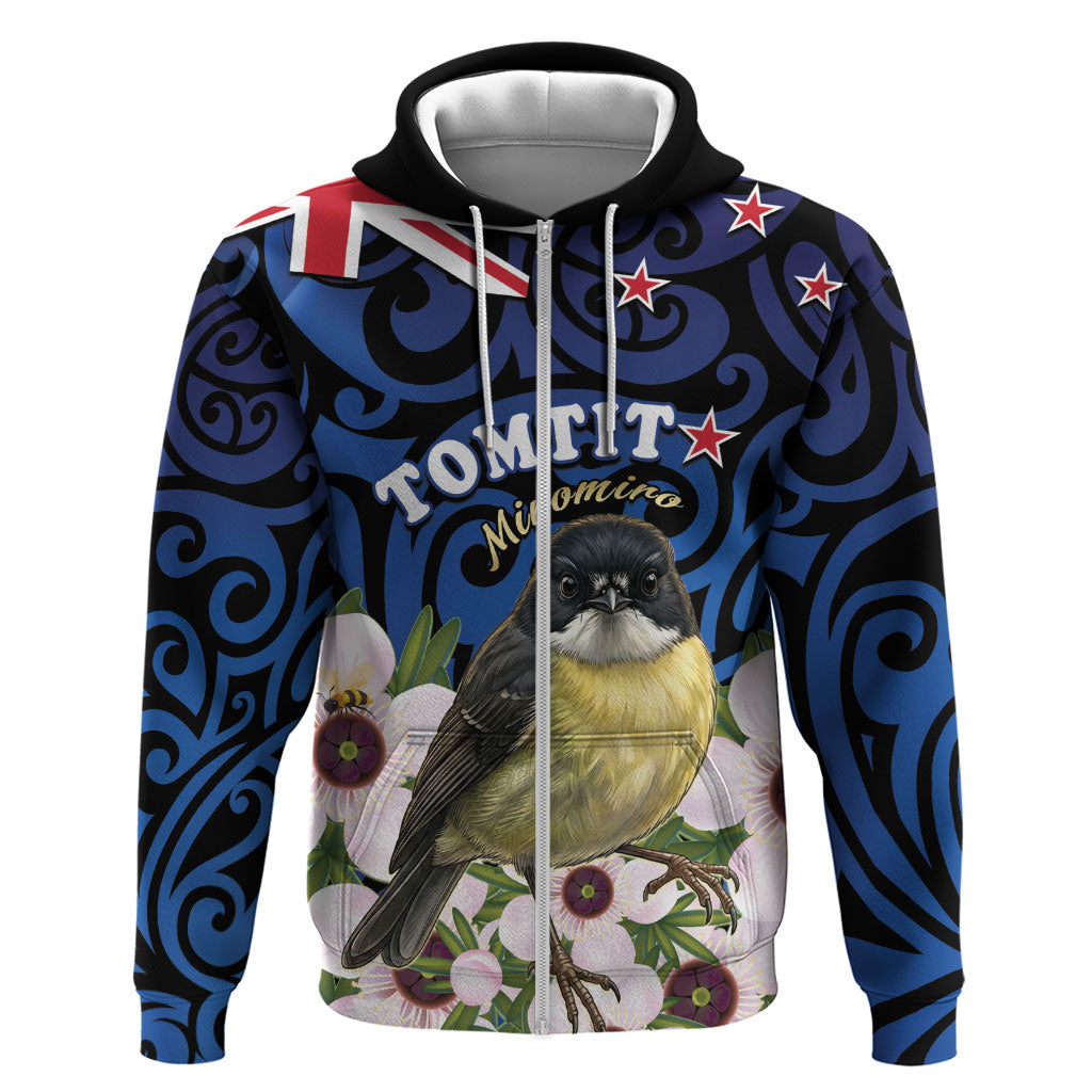 Tomtit New Zealand Personalised Zip Hoodie Miromiro Manuka Flower Maori Pattern LT22 Zip Hoodie Blue - Polynesian Pride