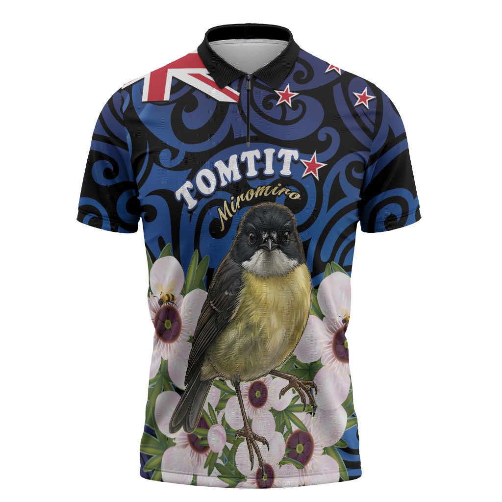 Tomtit New Zealand Personalised Zipper Polo Shirt Miromiro Manuka Flower Maori Pattern