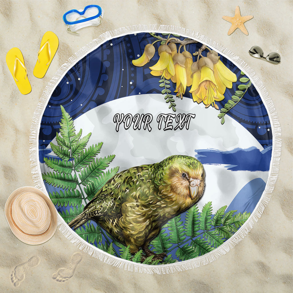 Kakapo New Zealand Personalised Beach Blanket Kowhai Flower Silver Fern Maori Pattern