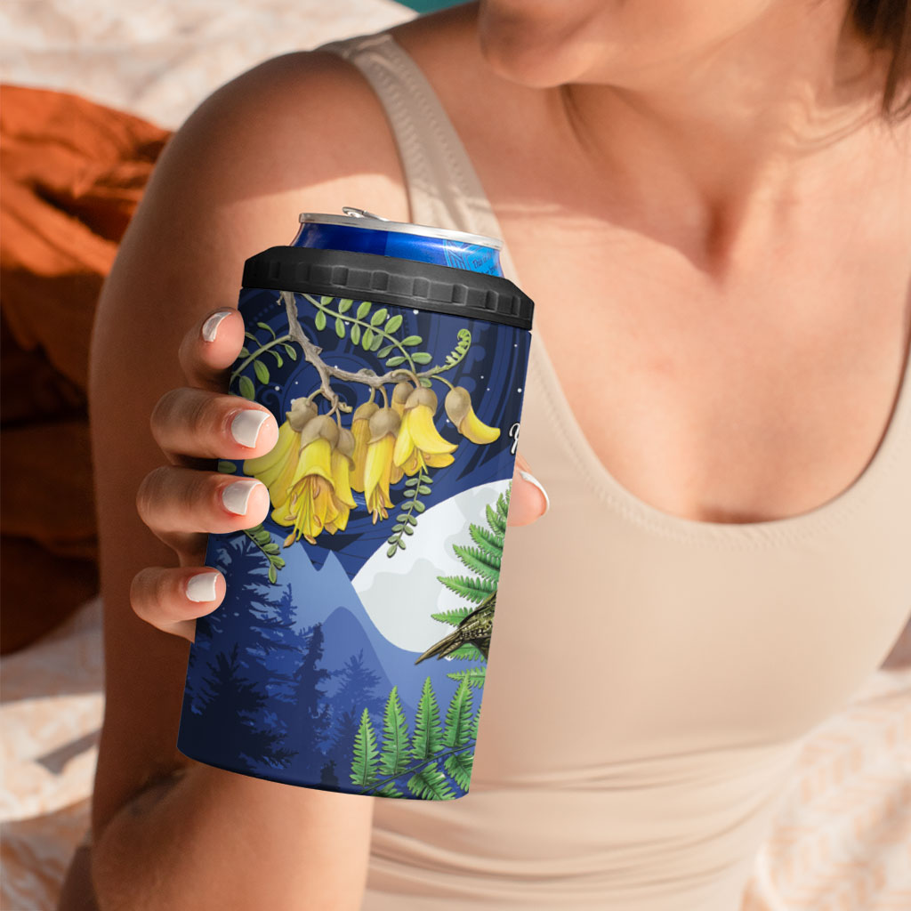 Kakapo New Zealand Personalised 4 in 1 Can Cooler Tumbler Kowhai Flower Silver Fern Maori Pattern