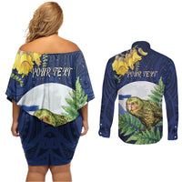 Kakapo New Zealand Personalised Couples Matching Off Shoulder Short Dress and Long Sleeve Button Shirt Kowhai Flower Silver Fern Maori Pattern
