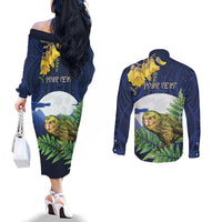 Kakapo New Zealand Personalised Couples Matching Off The Shoulder Long Sleeve Dress and Long Sleeve Button Shirt Kowhai Flower Silver Fern Maori Pattern