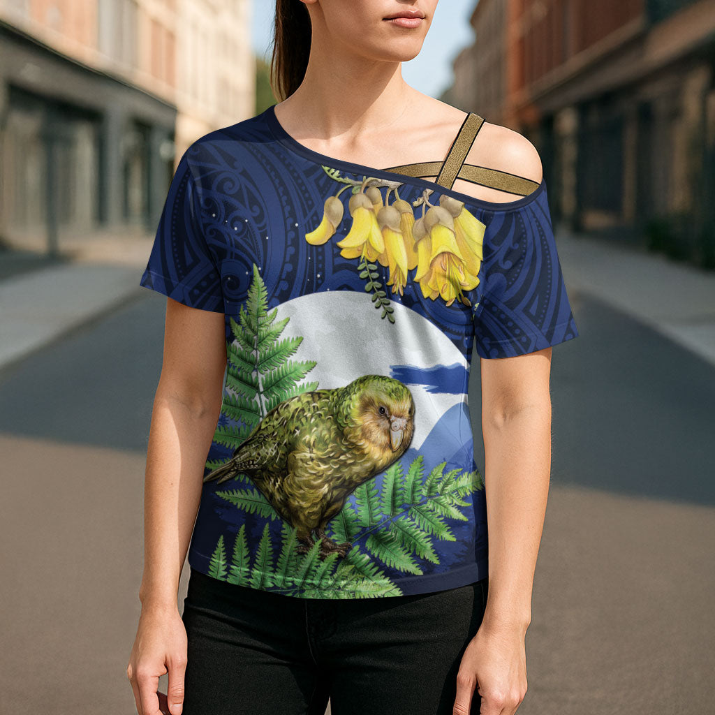Kakapo New Zealand Personalised Cross Shoulder Shirt Kowhai Flower Silver Fern Maori Pattern