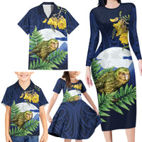 Kakapo New Zealand Personalised Family Matching Long Sleeve Bodycon Dress and Hawaiian Shirt Kowhai Flower Silver Fern Maori Pattern