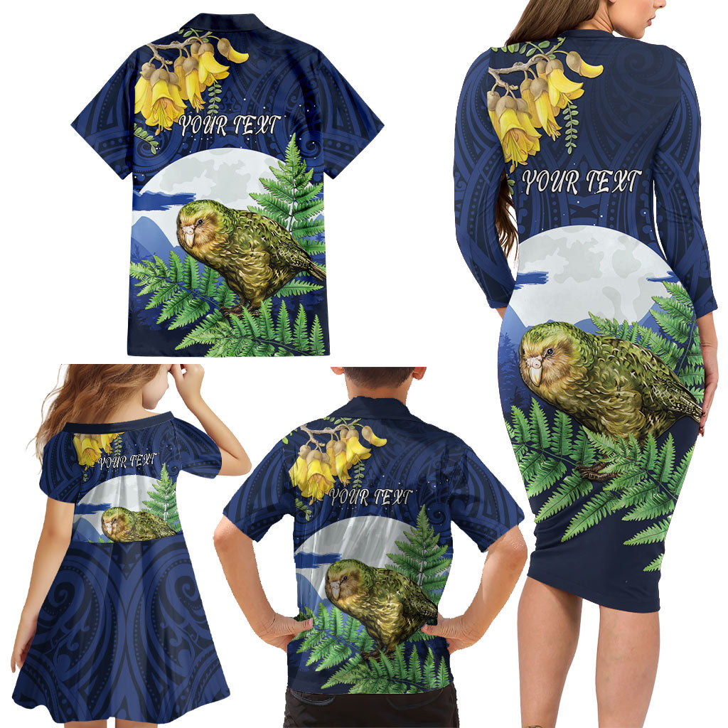 Kakapo New Zealand Personalised Family Matching Long Sleeve Bodycon Dress and Hawaiian Shirt Kowhai Flower Silver Fern Maori Pattern