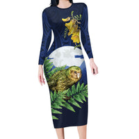 Kakapo New Zealand Personalised Family Matching Long Sleeve Bodycon Dress and Hawaiian Shirt Kowhai Flower Silver Fern Maori Pattern