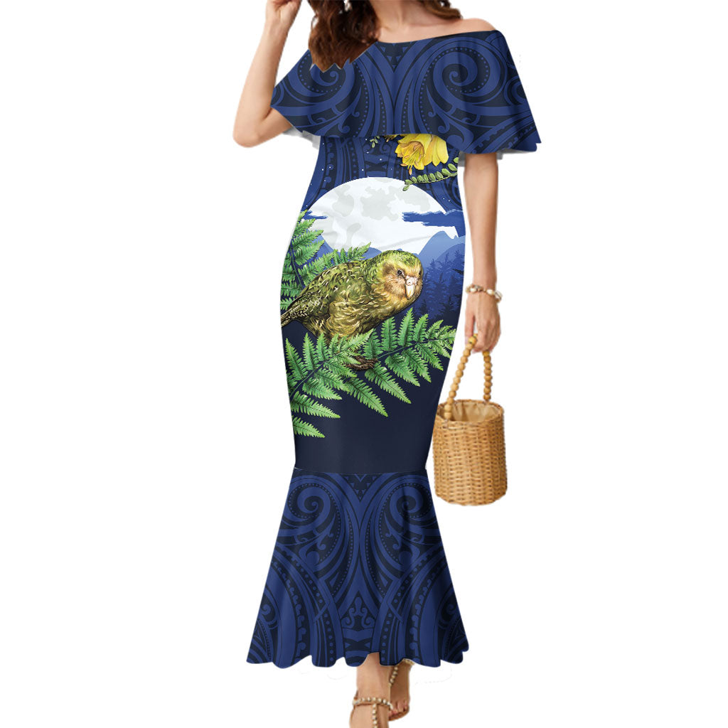 Kakapo New Zealand Personalised Family Matching Mermaid Dress and Hawaiian Shirt Kowhai Flower Silver Fern Maori Pattern