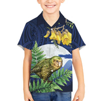 Kakapo New Zealand Personalised Family Matching Off Shoulder Maxi Dress and Hawaiian Shirt Kowhai Flower Silver Fern Maori Pattern