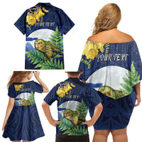 Kakapo New Zealand Personalised Family Matching Off Shoulder Short Dress and Hawaiian Shirt Kowhai Flower Silver Fern Maori Pattern