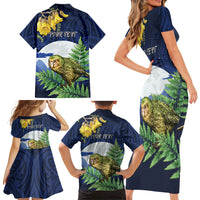 Kakapo New Zealand Personalised Family Matching Short Sleeve Bodycon Dress and Hawaiian Shirt Kowhai Flower Silver Fern Maori Pattern