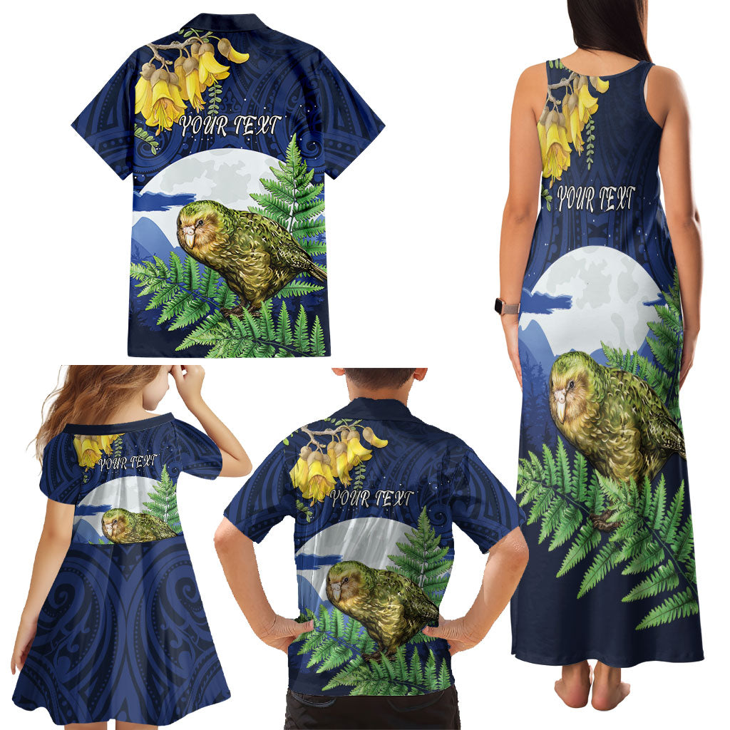 Kakapo New Zealand Personalised Family Matching Tank Maxi Dress and Hawaiian Shirt Kowhai Flower Silver Fern Maori Pattern