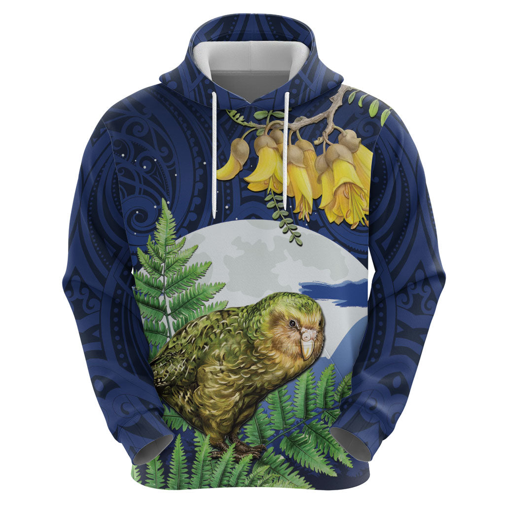 Kakapo New Zealand Personalised Hoodie Kowhai Flower Silver Fern Maori Pattern