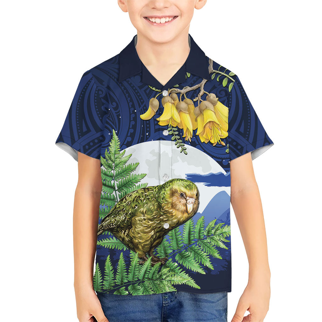 Kakapo New Zealand Personalised Kid Hawaiian Shirt Kowhai Flower Silver Fern Maori Pattern