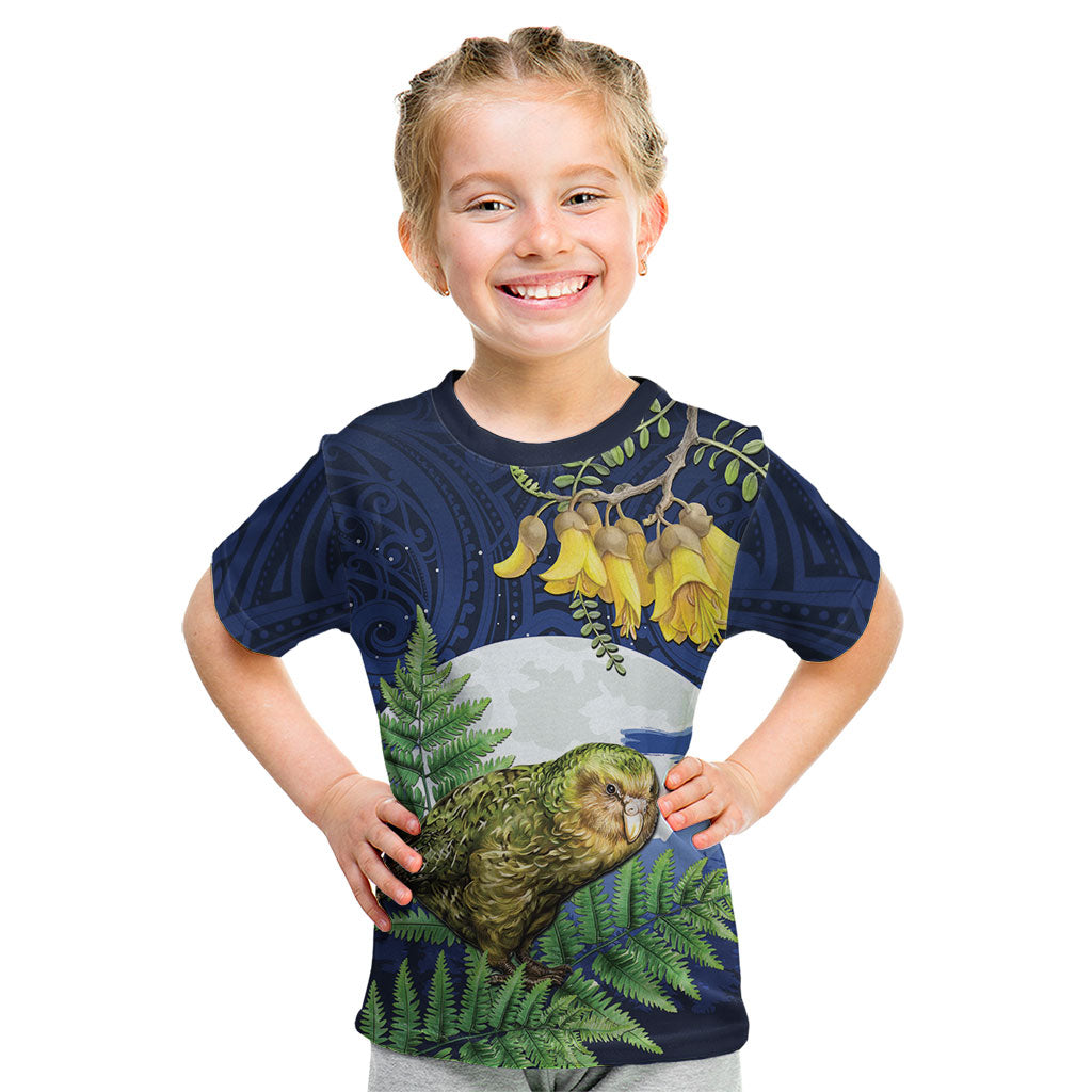 Kakapo New Zealand Personalised Kid T Shirt Kowhai Flower Silver Fern Maori Pattern