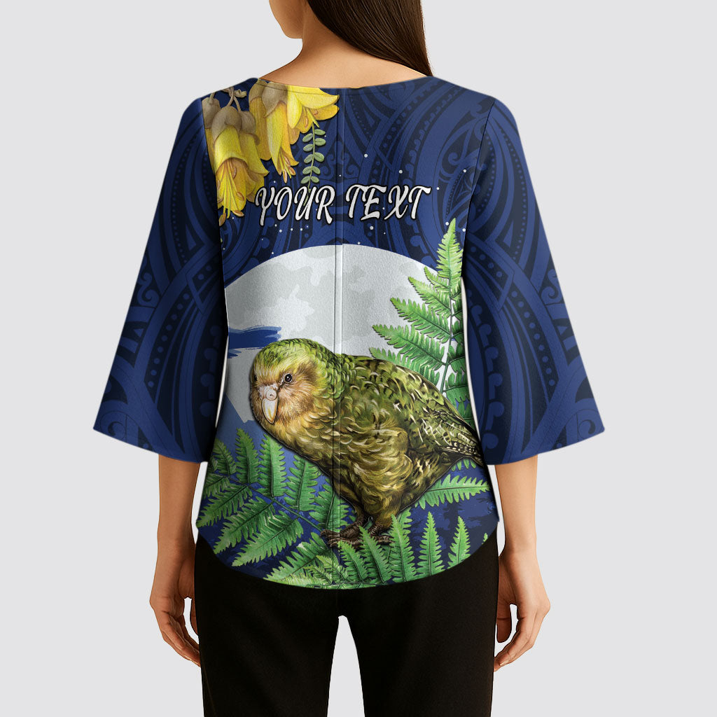Kakapo New Zealand Personalised Kimono Sleeve Blouse Kowhai Flower Silver Fern Maori Pattern