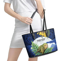 Kakapo New Zealand Personalised Leather Tote Bag Kowhai Flower Silver Fern Maori Pattern