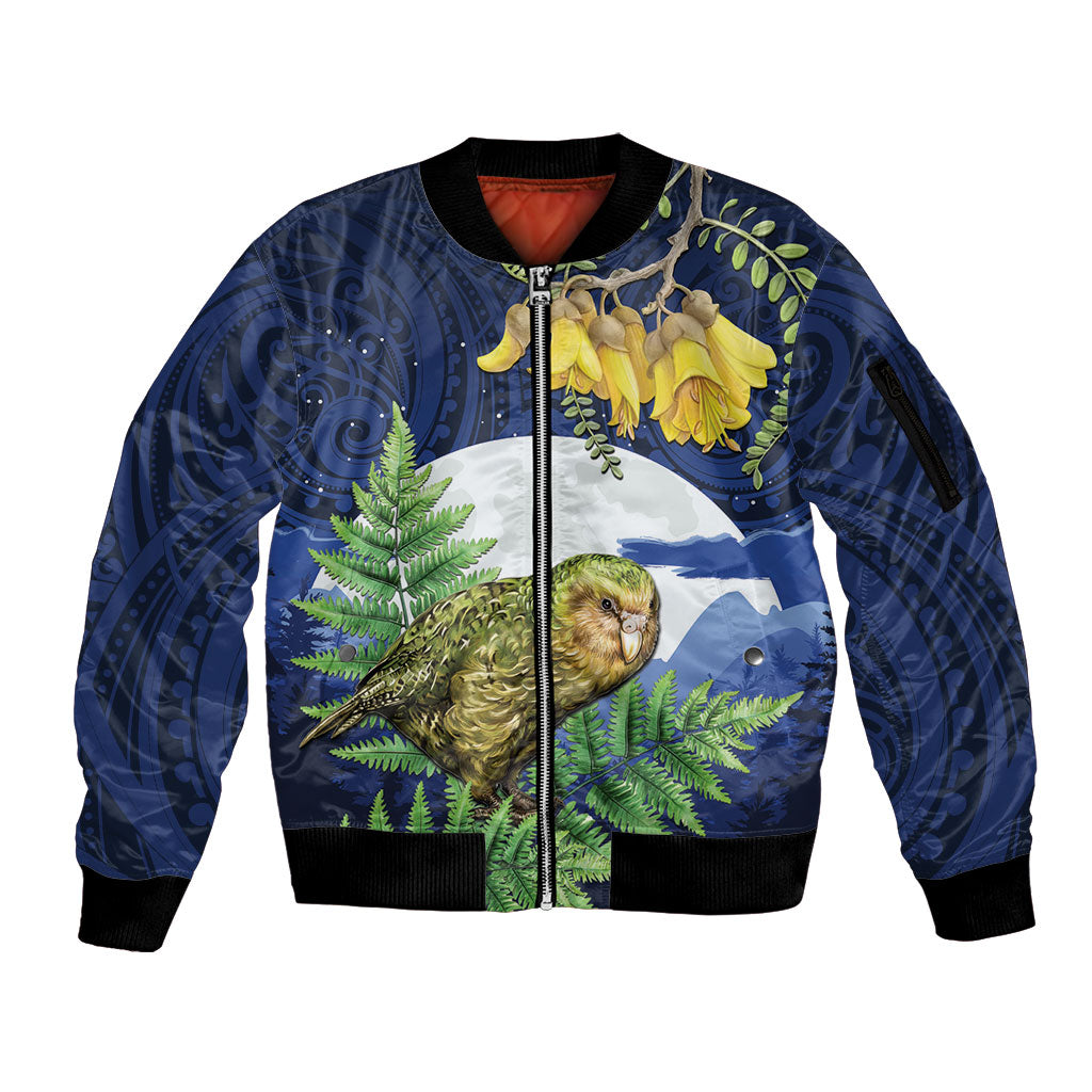 Kakapo New Zealand Personalised Sleeve Zip Bomber Jacket Kowhai Flower Silver Fern Maori Pattern LT22 Unisex Blue - Polynesian Pride