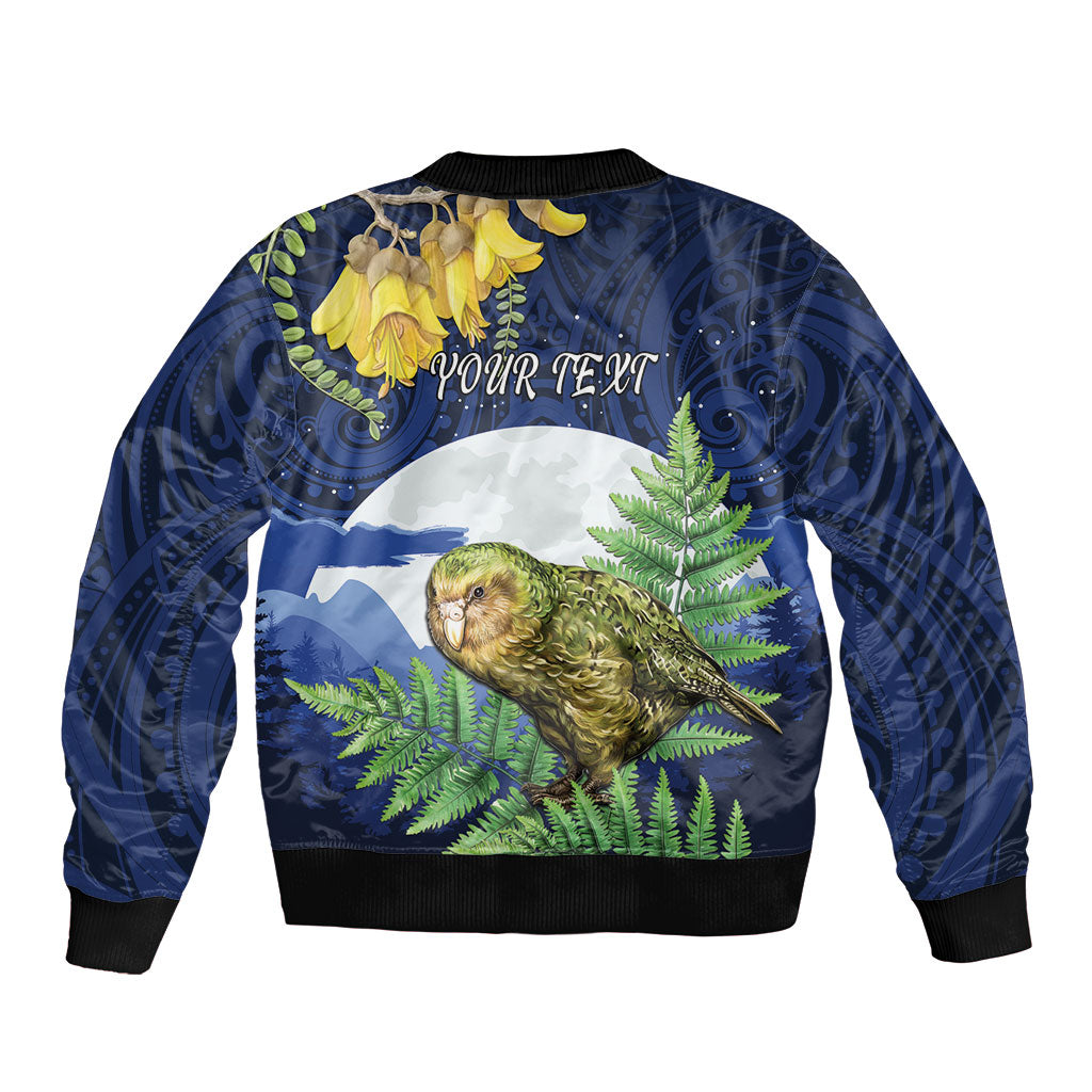 Kakapo New Zealand Personalised Sleeve Zip Bomber Jacket Kowhai Flower Silver Fern Maori Pattern