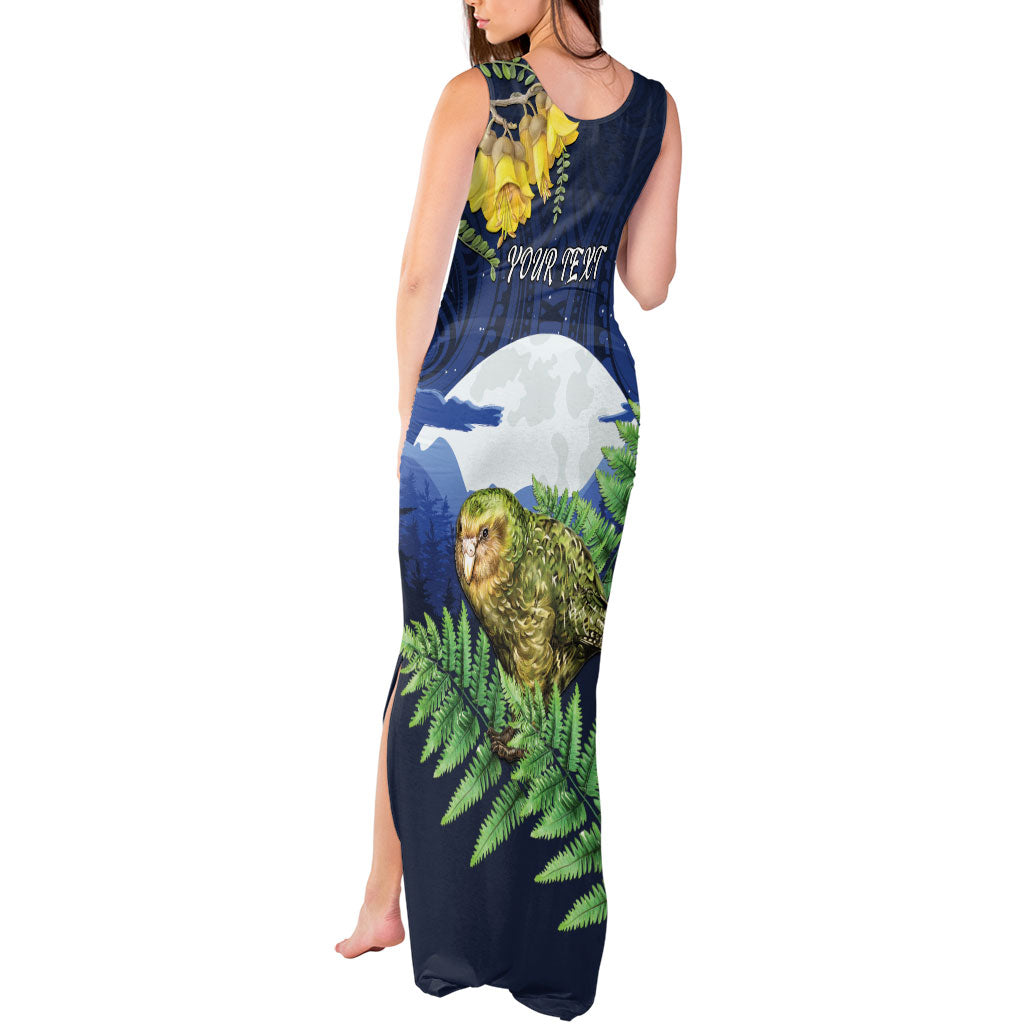 Kakapo New Zealand Personalised Tank Maxi Dress Kowhai Flower Silver Fern Maori Pattern