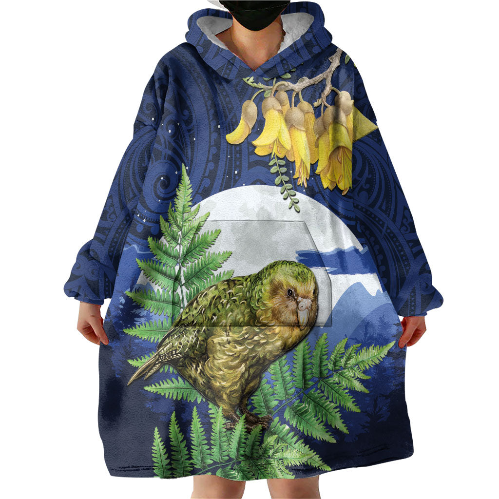 Kakapo New Zealand Personalised Wearable Blanket Hoodie Kowhai Flower Silver Fern Maori Pattern