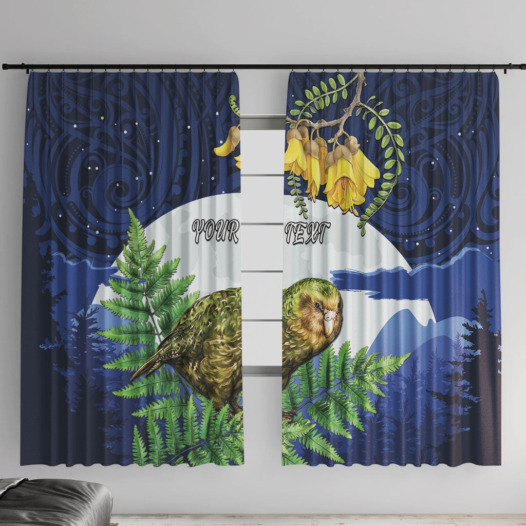 Kakapo New Zealand Personalised Window Curtain Kowhai Flower Silver Fern Maori Pattern LT22 With Hooks Blue - Polynesian Pride