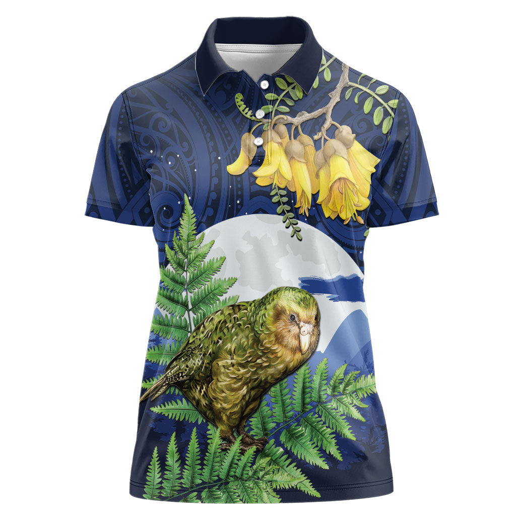 Kakapo New Zealand Personalised Women Polo Shirt Kowhai Flower Silver Fern Maori Pattern