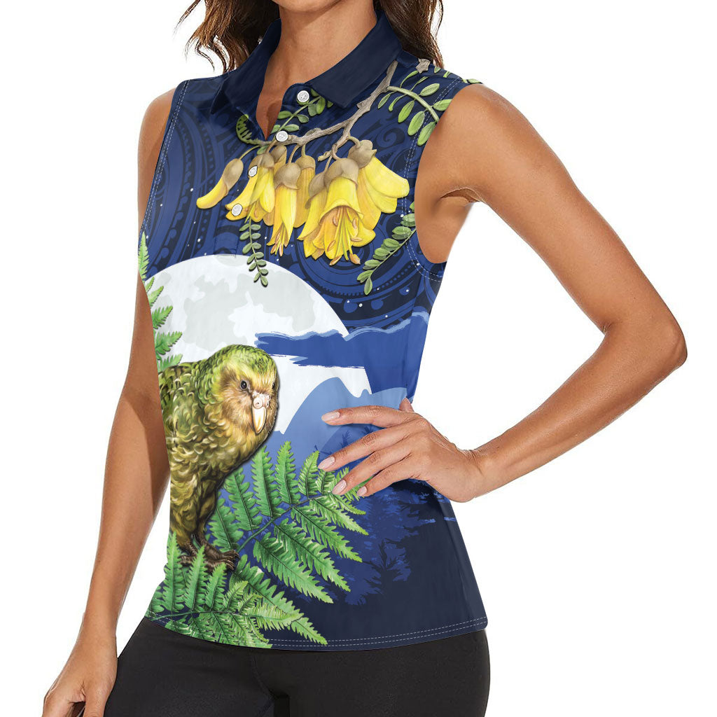 Kakapo New Zealand Personalised Women Sleeveless Polo Shirt Kowhai Flower Silver Fern Maori Pattern