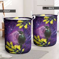 New Zealand Tui Bird Matariki Laundry Basket Kowhai Flower Silver Fern Galaxy Maori Pattern LT22 - Polynesian Pride