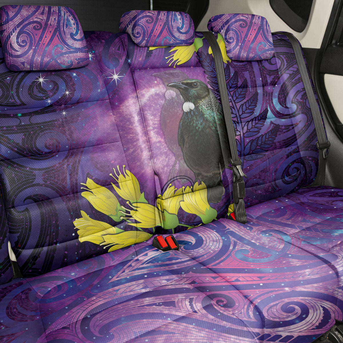 New Zealand Tui Bird Matariki Back Car Seat Cover Kowhai Flower Silver Fern Galaxy Maori Pattern LT22 - Polynesian Pride